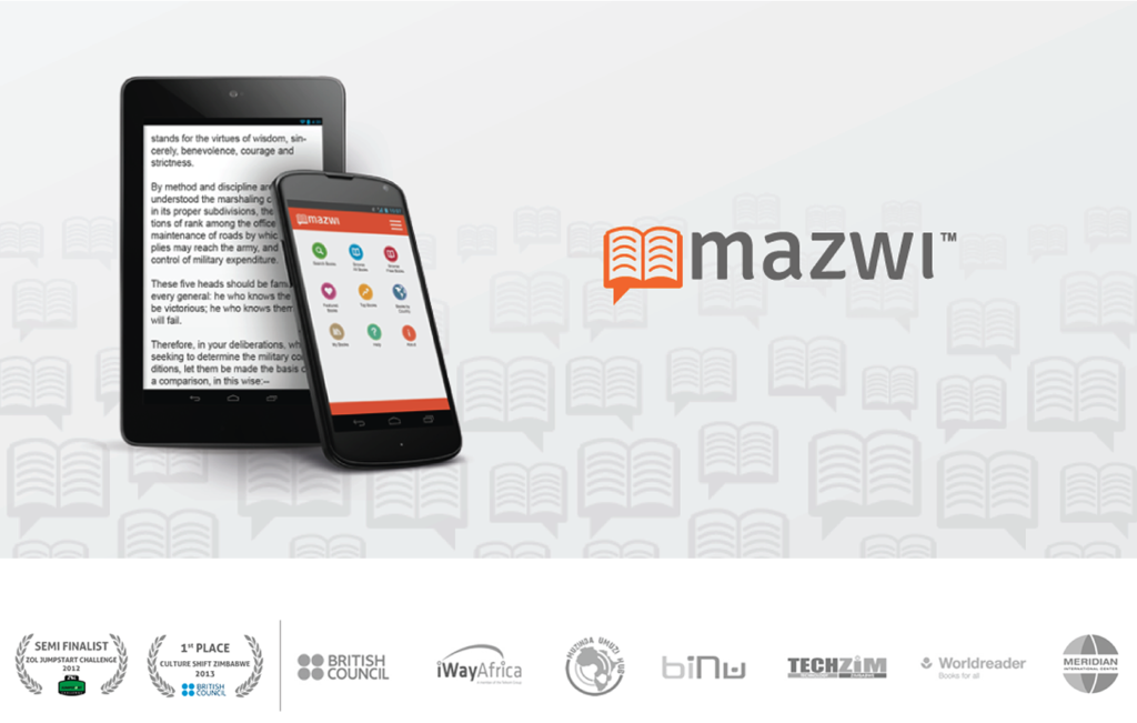 Picture of Mazwi log, phone showing Mazwi app and awards that the Mazwi App won